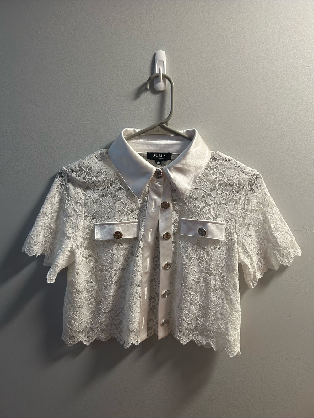 love J White Lace Blouse with Satin Collar